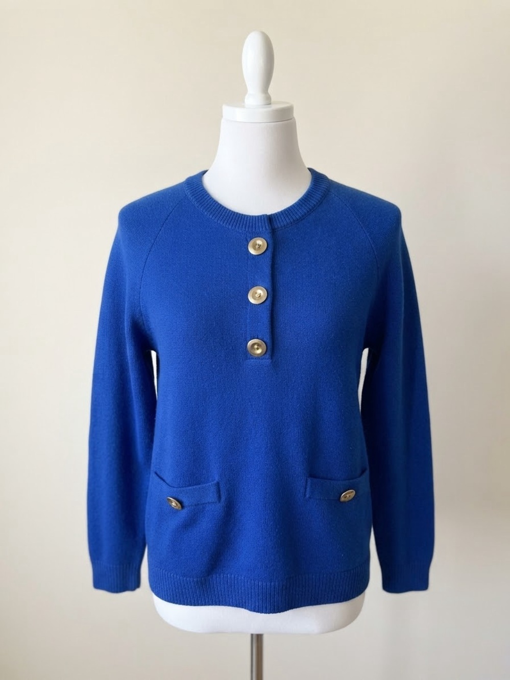 Vintage Castlebrook Royal Blue Button-Front Sweater Sz 12 Padded Shoulders